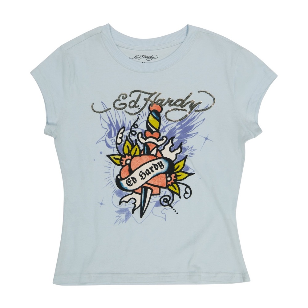 Ed Hardy Blue Short Sleeve Tee with Artistic Graphics - Picture 1 of 4